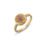 Radiant Star of David ring in 18K gold vermeil featuring a natural pink sapphire, front angled view.