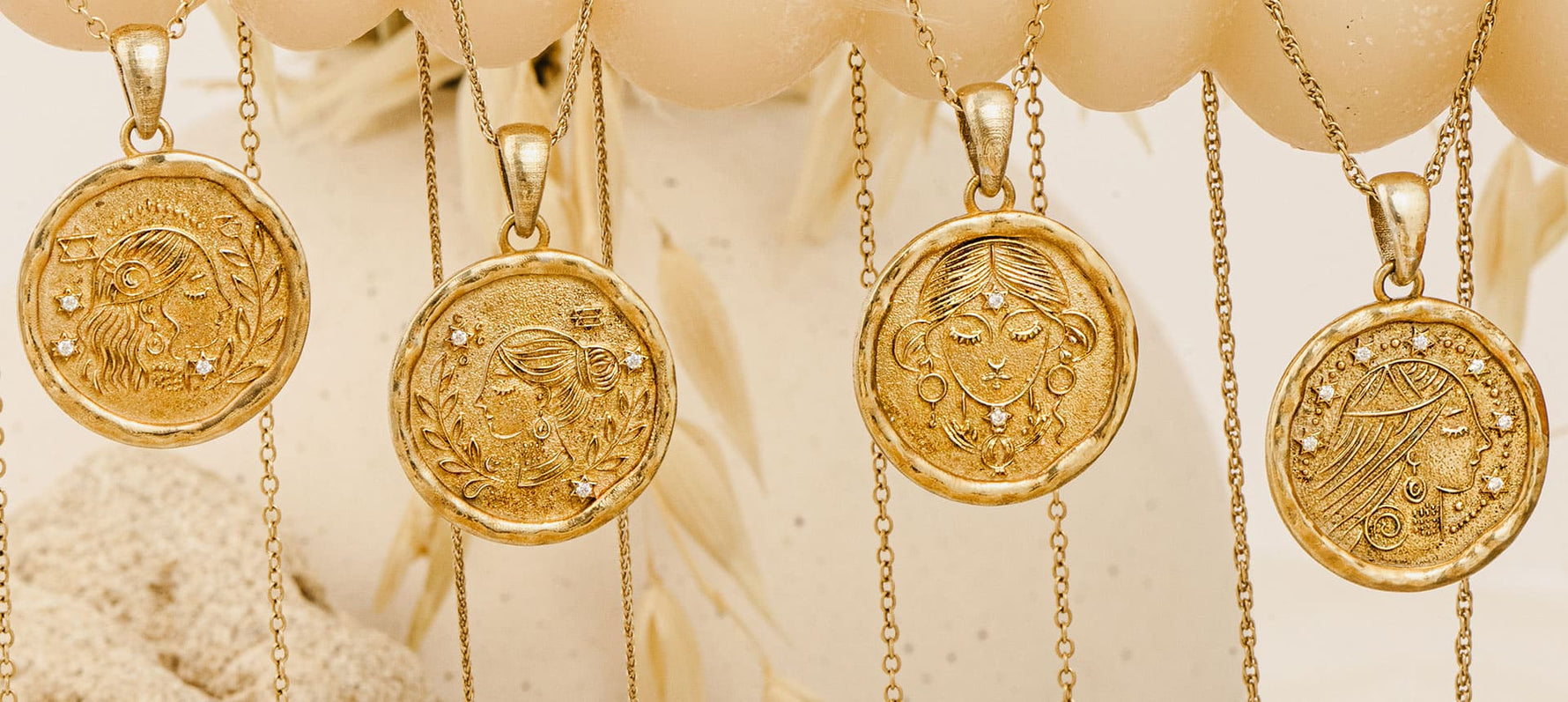 14k gold Matriarchs Collection pendants featuring Sarah, Rebecca, Rachel, and Leah – symbolic jewelry honoring the Four Mothers of Israel