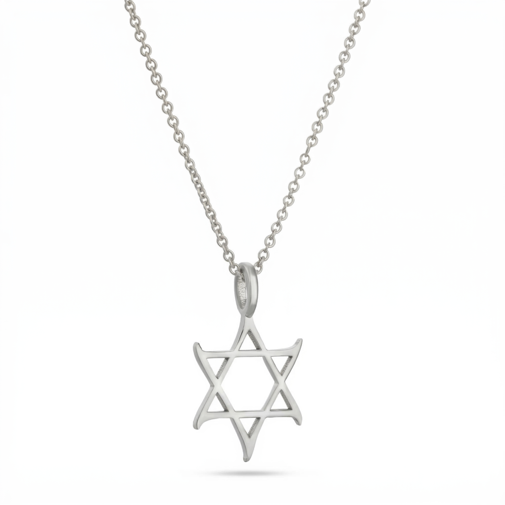 Curved Star of David Necklace in Silver – front view