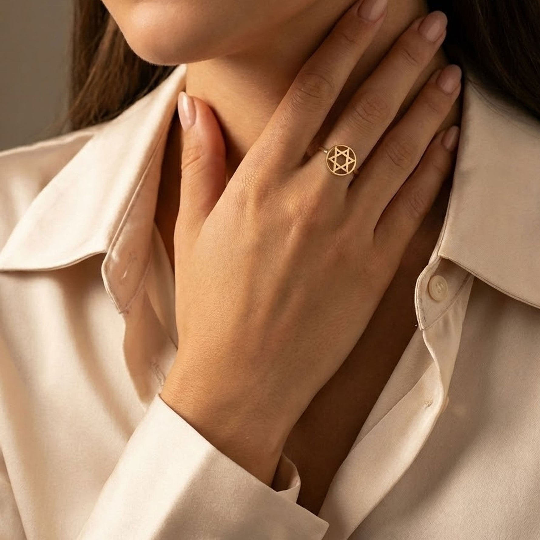 Curved Star of David Ring in 18K Gold Vermeil worn on hand