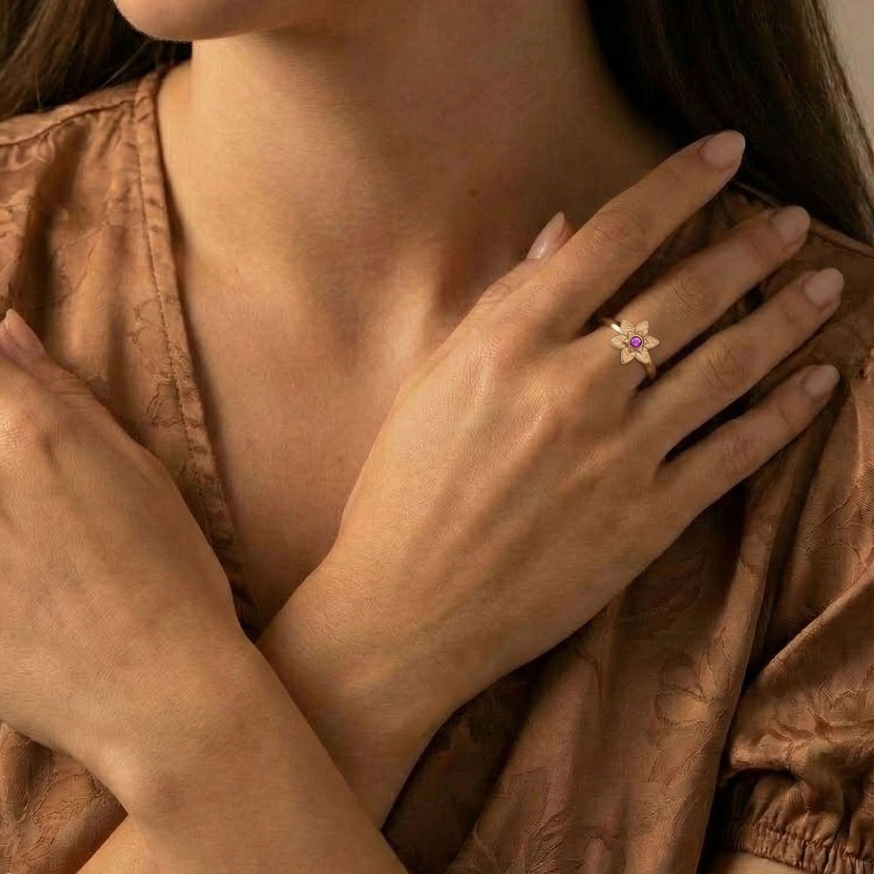 Model wearing the Petal Star of David Necklace in 18K Gold Vermeil with pink sapphire