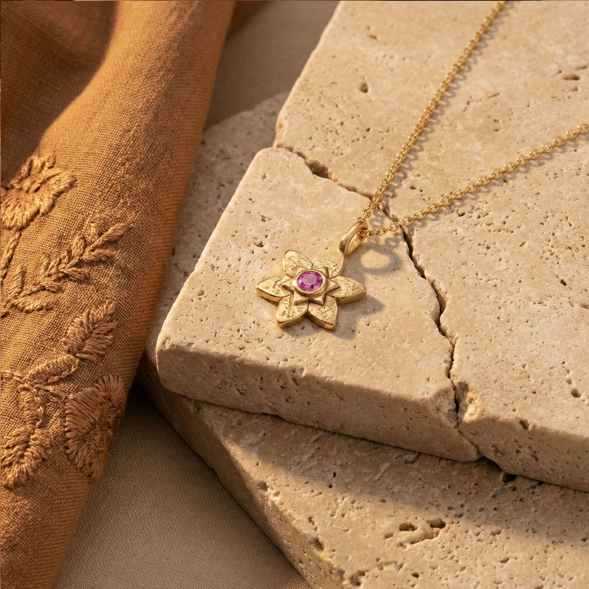 Petal Star of David Necklace in 18K Gold Vermeil with pink sapphire displayed on natural stone