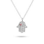 Studio view of silver Vine of Lineage Hamsa necklace on a white background.