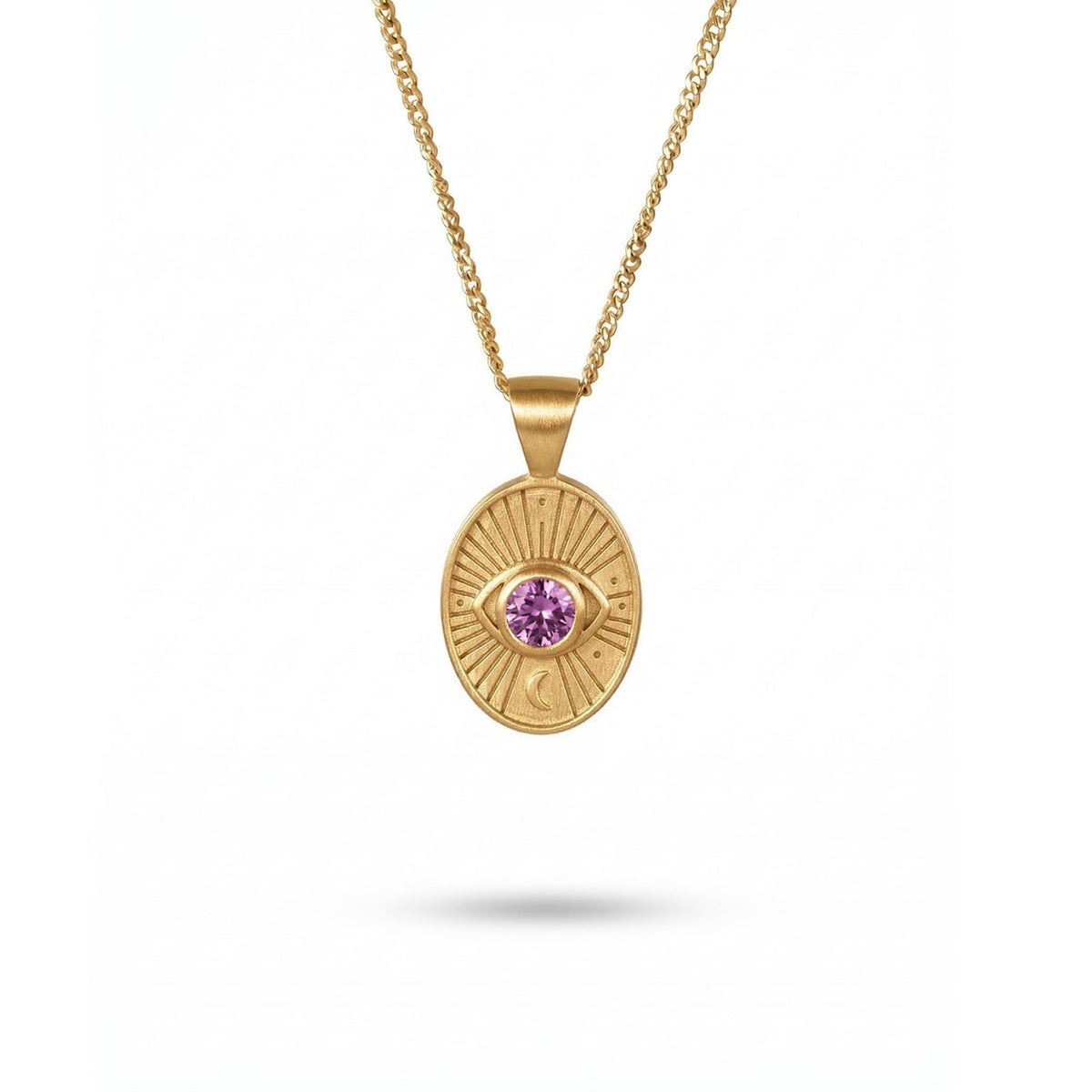 Divine Eye necklace in 14K solid gold with a natural faceted purple sapphire, handcrafted in our Tel Aviv atelier.
