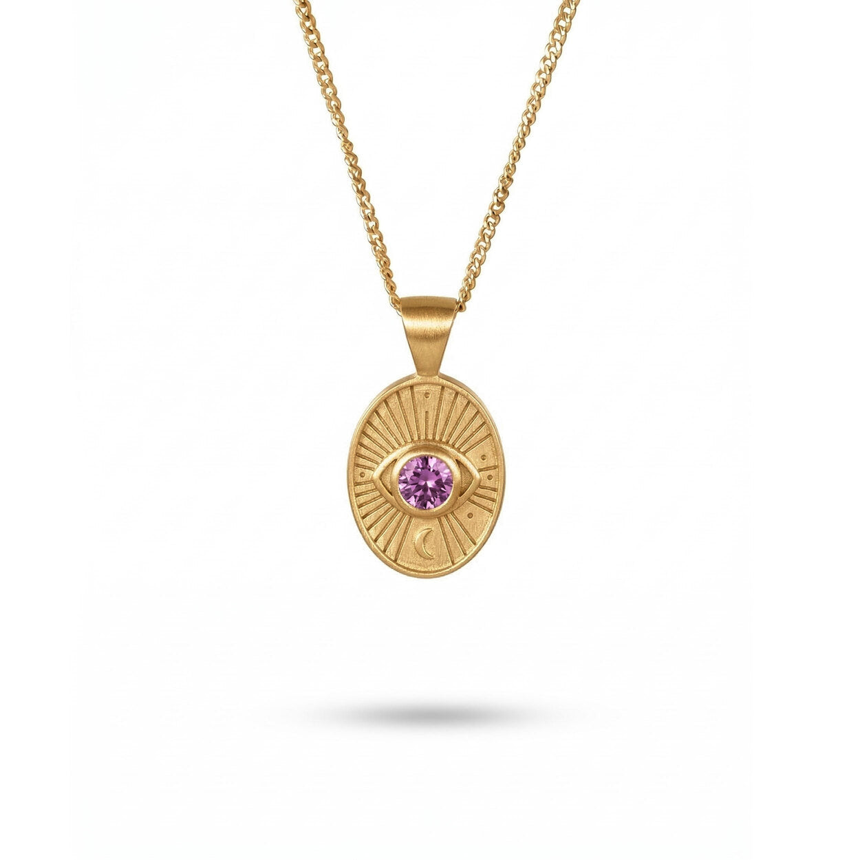 Divine Eye necklace in 14K solid gold with a natural faceted purple sapphire, handcrafted in our Tel Aviv atelier.
