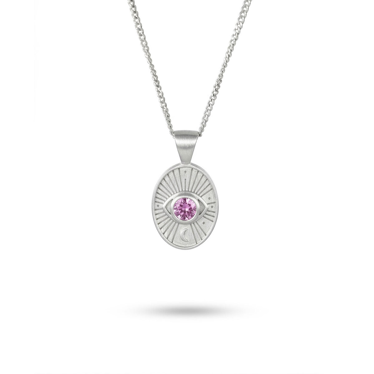 Divine Eye necklace in 925 Sterling Silver with a natural faceted pink sapphire centerpiece.