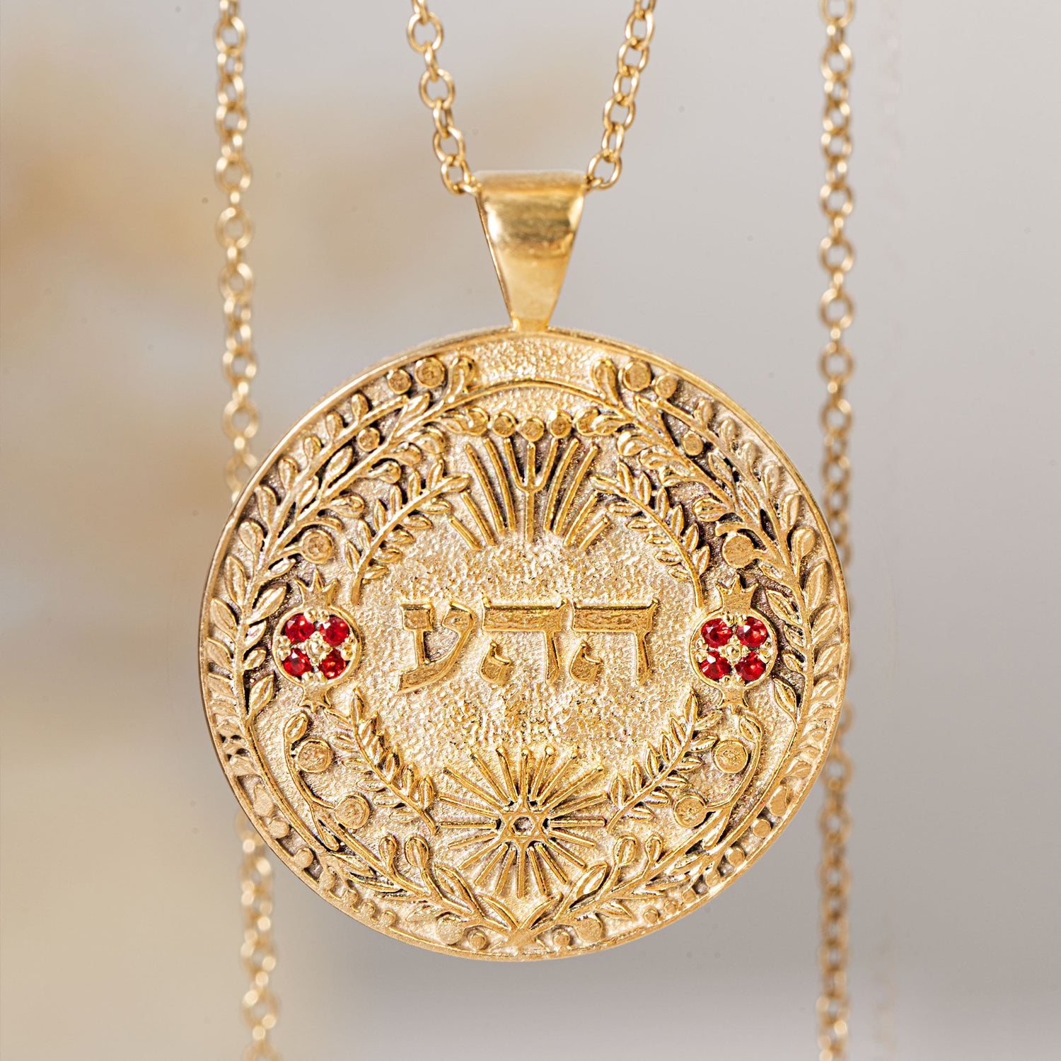Close detail shot of ה ה ע pendant ruby accents