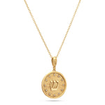 Hebrew letter Shin pendant front view 14k gold