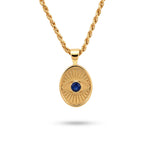 Protective Eye shield necklace in 14K solid gold with a natural faceted dark blue sapphire centerpiece, handcrafted in our Tel Aviv atelier.