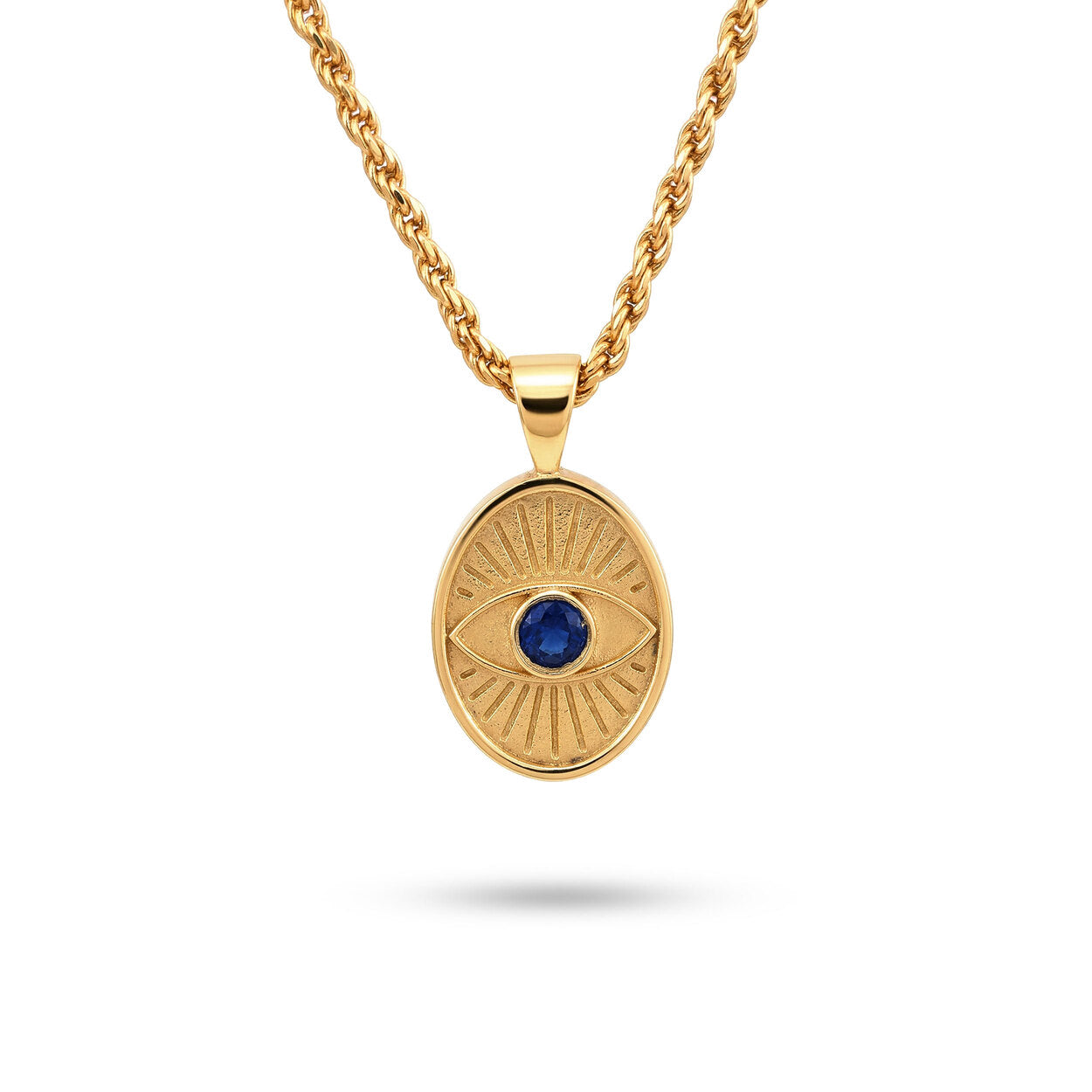 Protective Eye shield necklace in 14K solid gold with a natural faceted dark blue sapphire centerpiece, handcrafted in our Tel Aviv atelier.