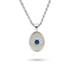 Protective Eye shield necklace in solid silver with a natural faceted dark blue sapphire centerpiece, handcrafted in our Tel Aviv atelier.
