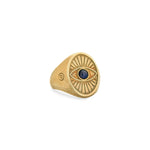 Side view of Protective Eye Ring showing bold gold silhouette and curvature