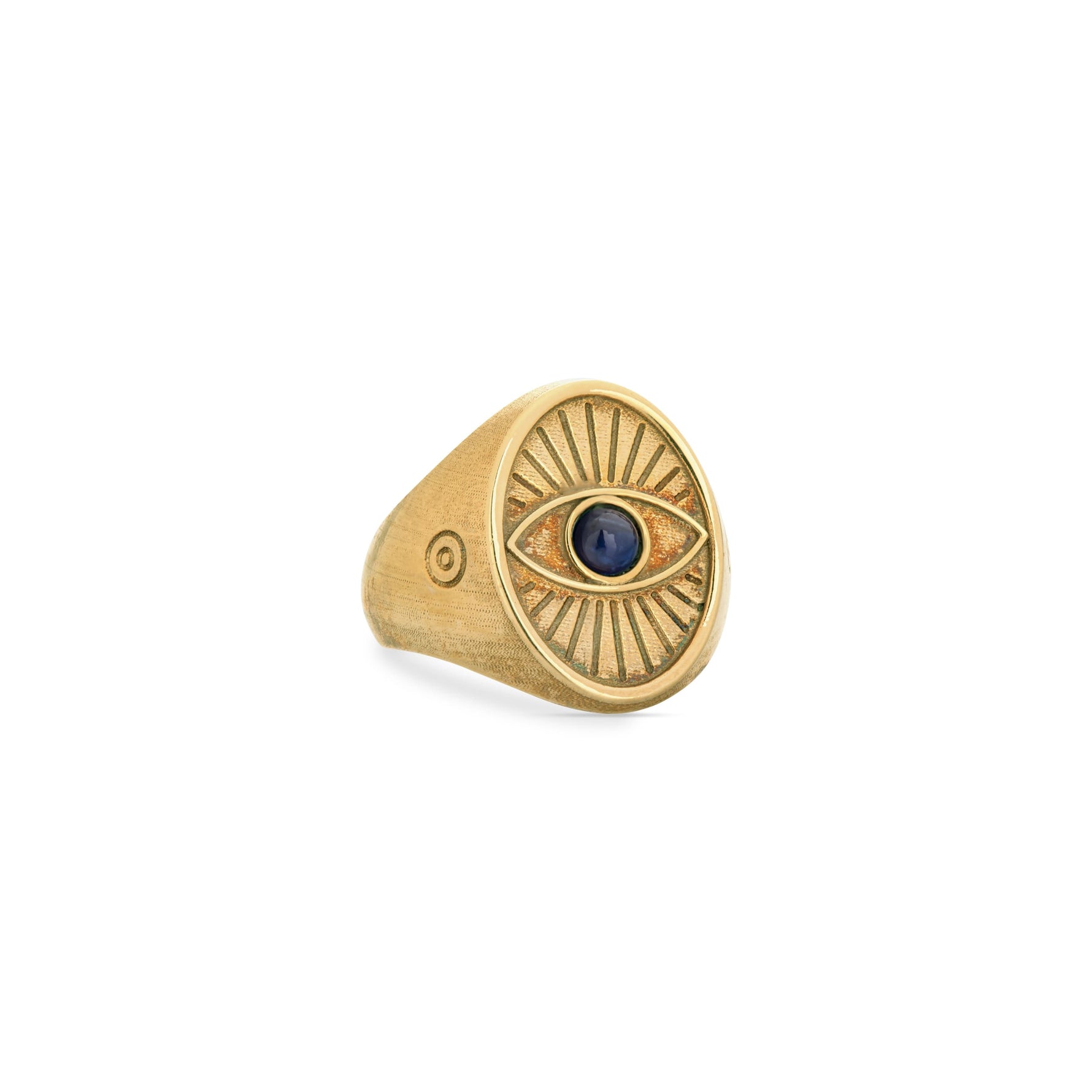 Side view of Protective Eye Ring showing bold gold silhouette and curvature