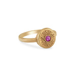 Radiant Star of David ring in 18K gold vermeil with a pink sapphire center, side angled view.