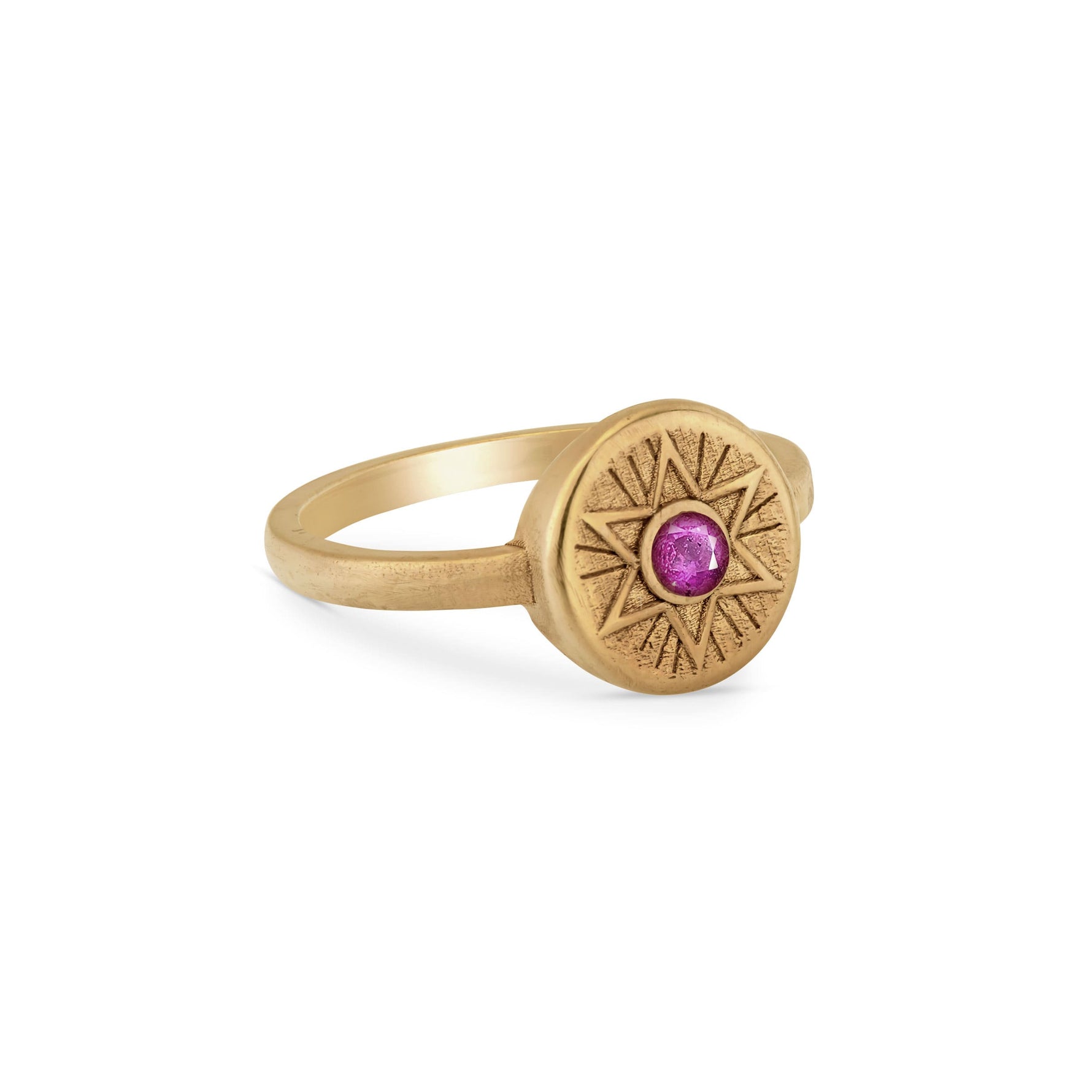 Radiant Star of David ring in 18K gold vermeil with a pink sapphire center, side angled view.