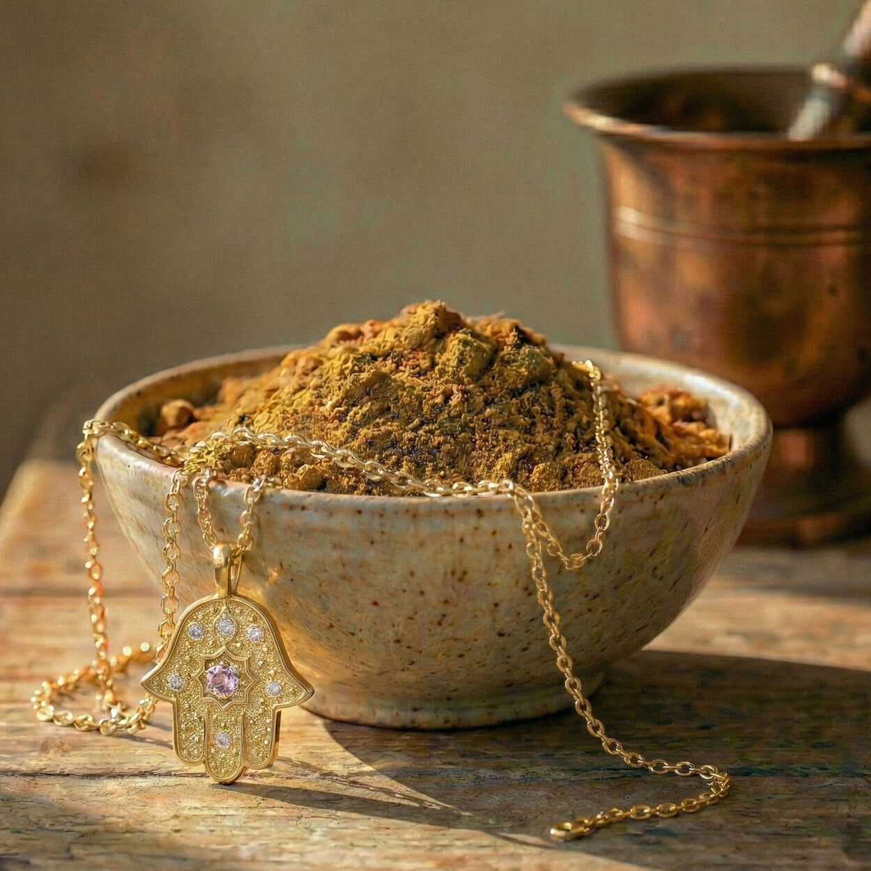 Hamsa necklace with pink sapphire draped over a bowl of spices.