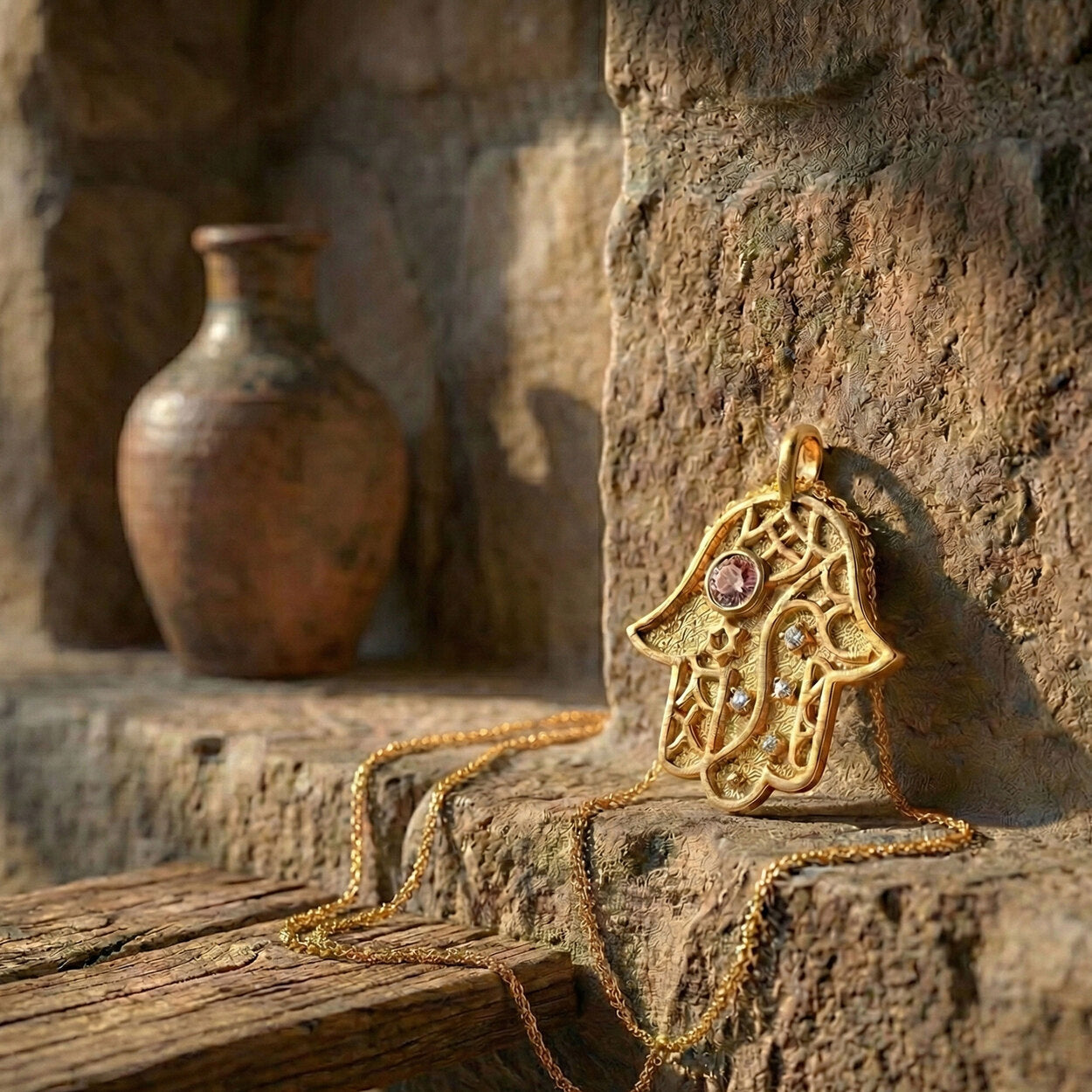 Vine of Lineage Hamsa necklace leaning against a rustic stone wall with a clay jug.