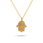 Studio view of gold Vine of Lineage Hamsa necklace on a white background.