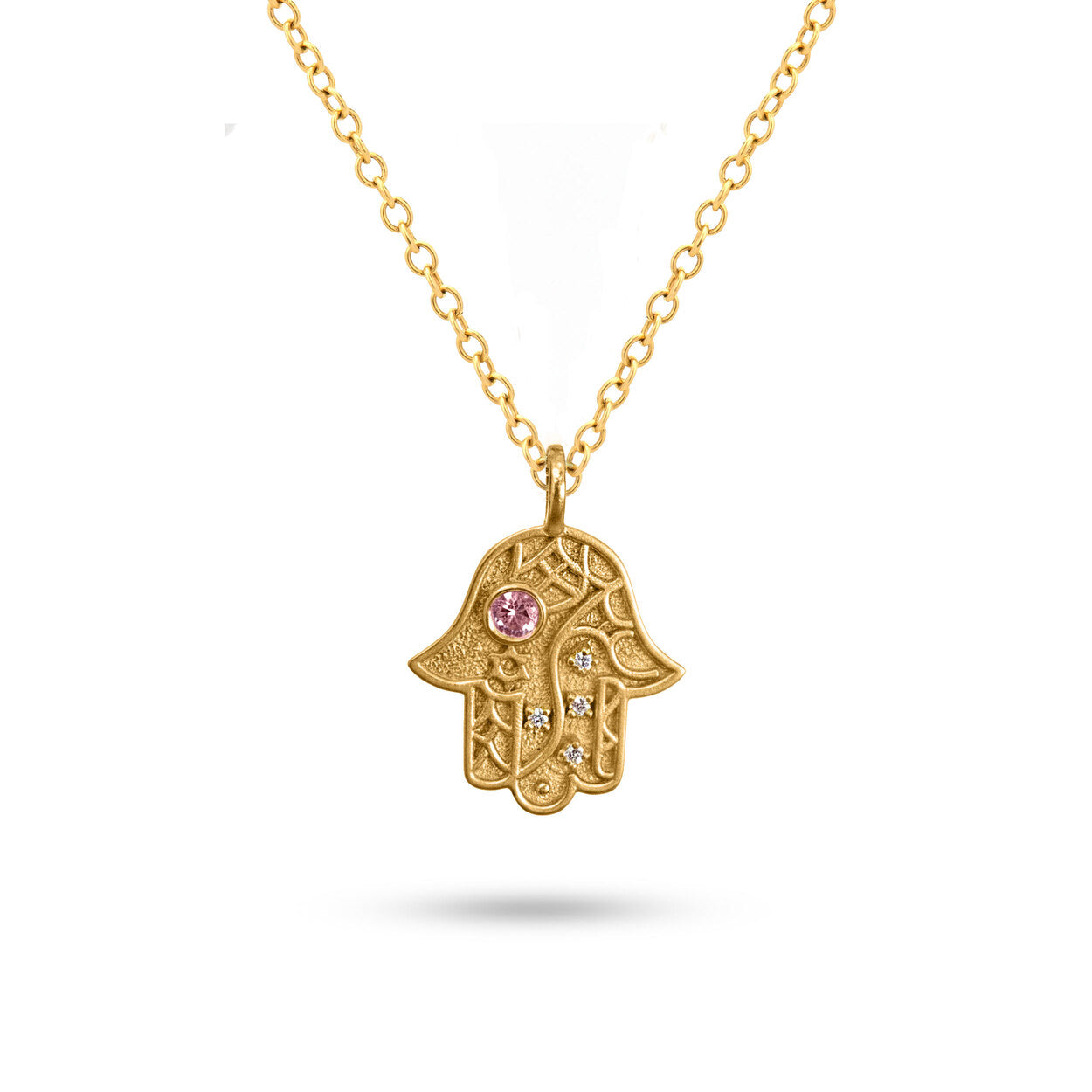 Studio view of gold Vine of Lineage Hamsa necklace on a white background.