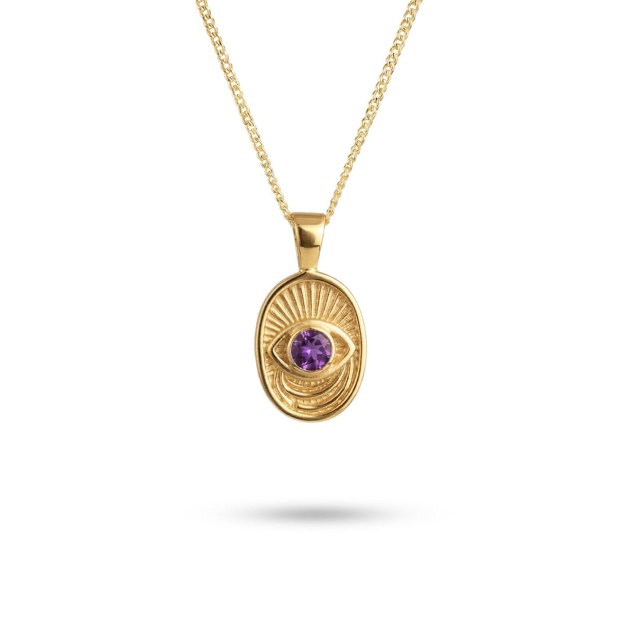 Window to the Soul Eye Necklace in 14K Solid Gold featuring a natural faceted purple sapphire centerpiece on a white background.