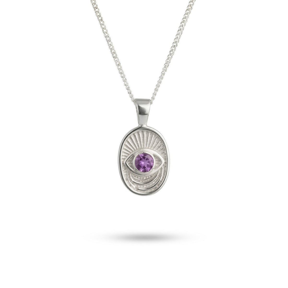 Window to the Soul Eye Necklace in Silver featuring a natural faceted purple sapphire centerpiece on a white background.