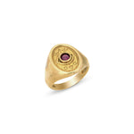 Wisdom & Sefirot Ring in 14k gold with ruby center, angled front view
