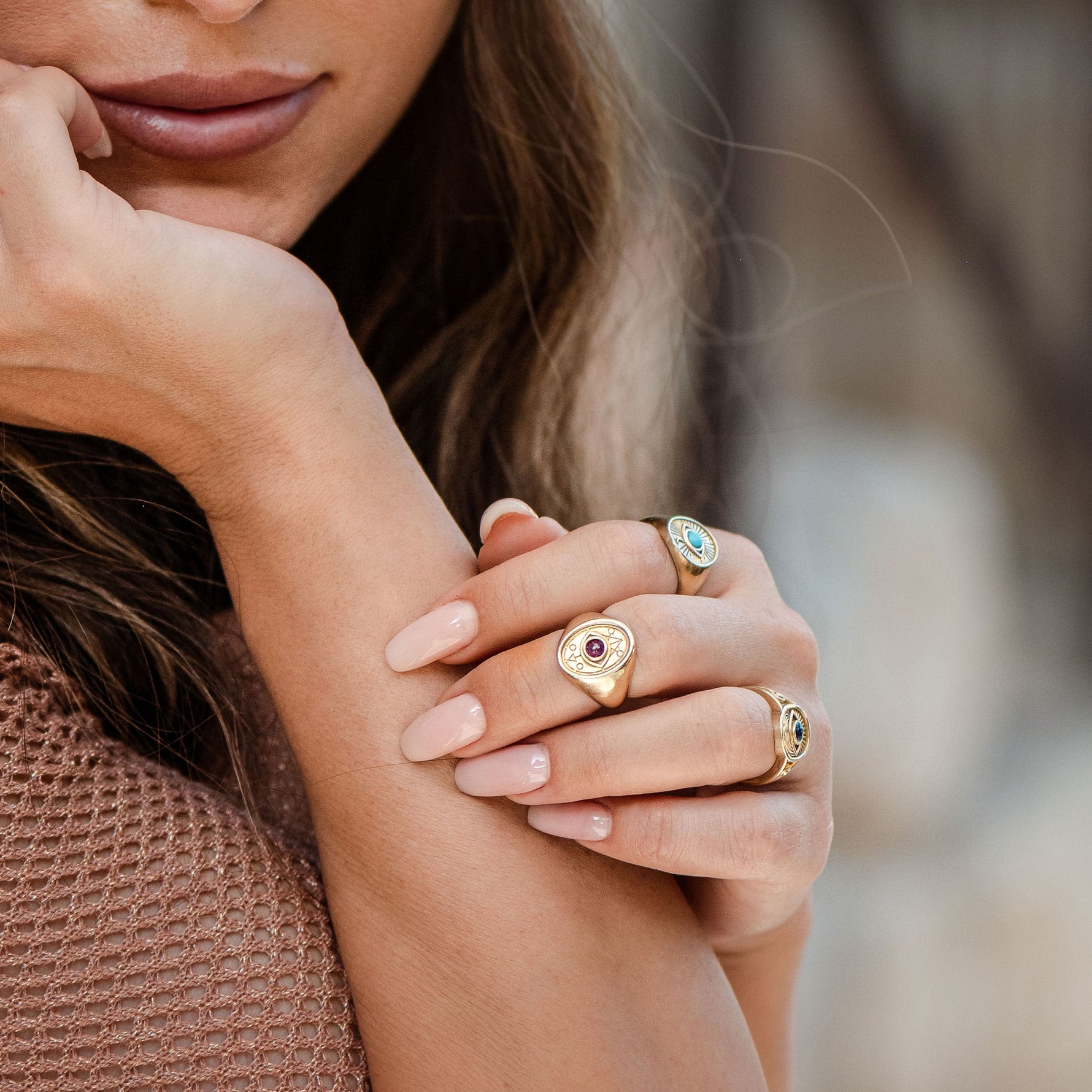 Model wearing Wisdom & Sefirot Ring with ruby, natural expression and styling